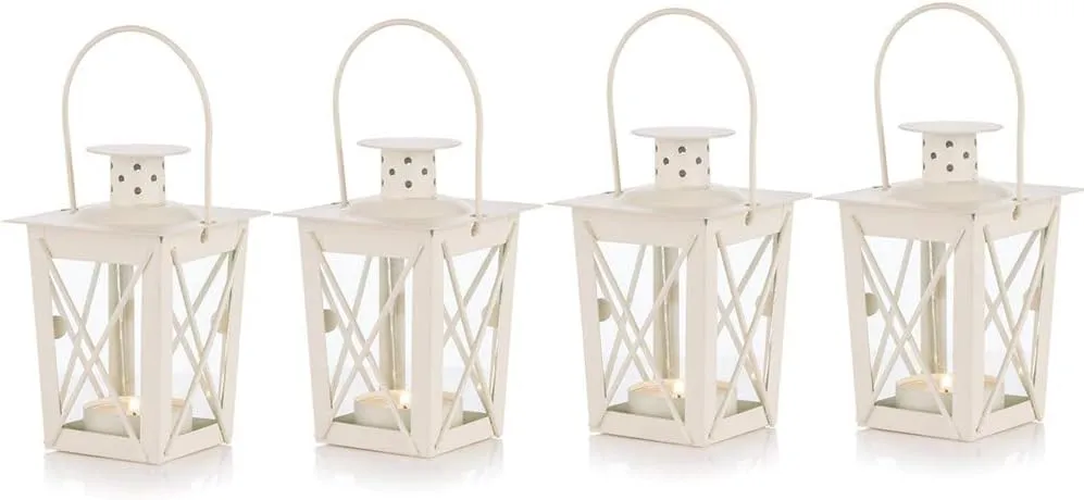 4 Pcs Tealight Lanterns Hanging Candle Holder, Metal Mini Decorative Led Tea Light Candleholder Decoration for Birthday Parties Wedding Centerpiece Relaxing Spa Setting (White, 4 Pcs)