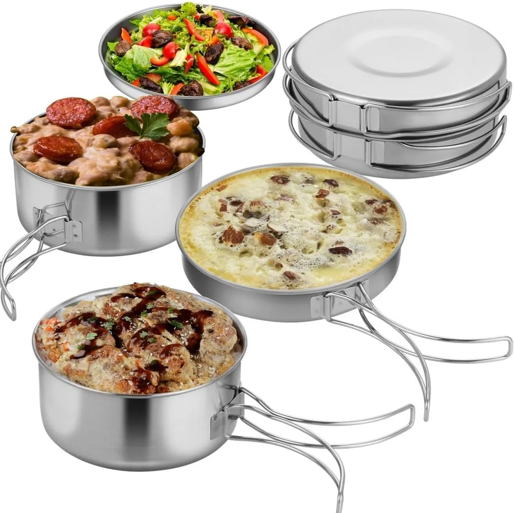 4-Piece Lightweight Camping Cookware Set, Stainless Steel Stackable Pots, Pans, and Plate with Carrying Bag for Outdoor Use