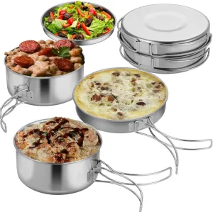 4-Piece Lightweight Camping Cookware Set, Stainless Steel Stackable Pots, Pans, and Plate with Carrying Bag for Outdoor Use