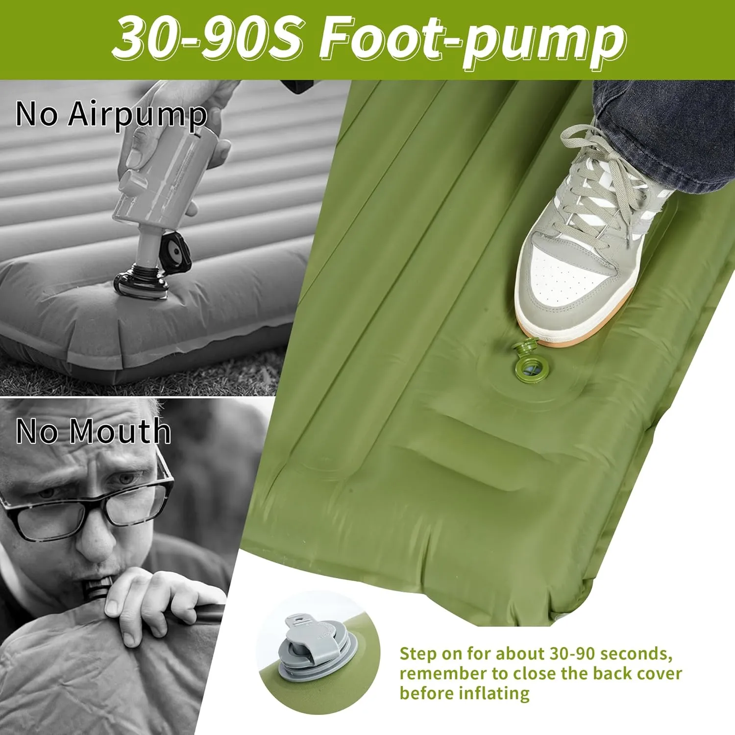 40D Self-Inflating Camping Pad, Insulated Ultralight Sleeping Mat for Backpacking, Winter Camping, 2-Layer Anti-Leak Design w/Built-in Pillow, Foot Pump Foldable Pad, Army Green