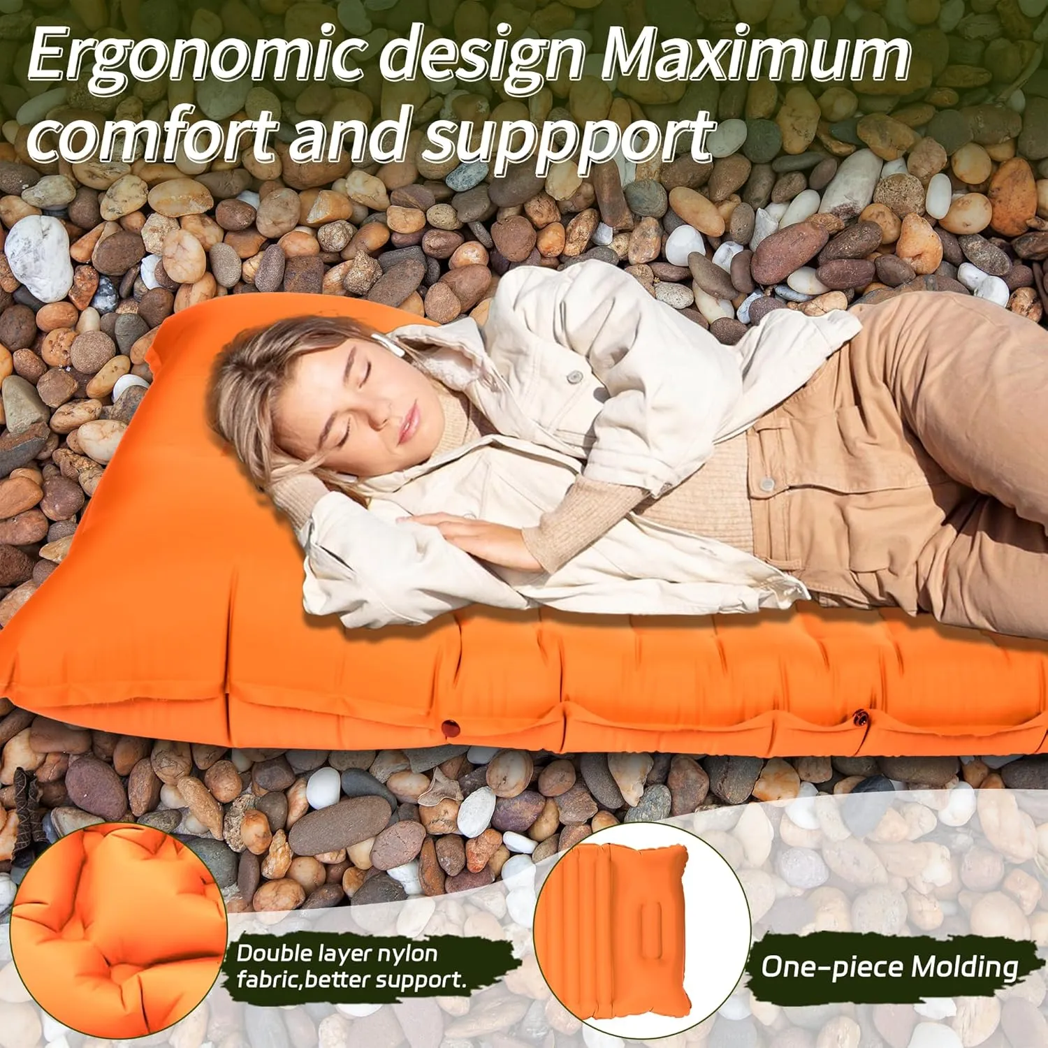 40D Self-Inflating Camping Pad, Insulated Ultralight Sleeping Mat for Backpacking, Winter Camping, 2-Layer Anti-Leak Design w/Built-in Pillow, Foot Pump Foldable Pad, Orange Red