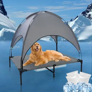 42'' Outdoor Elevated Dog Bed with Canopy, Raised Dogs Bed with Six Support Feet,Breathable Cooling Dog Cot Beds Medium Large Size Dogs,Outdoor Pet Hammock Beds,Outside Pet Beds with 4 Ice Pack(Large)