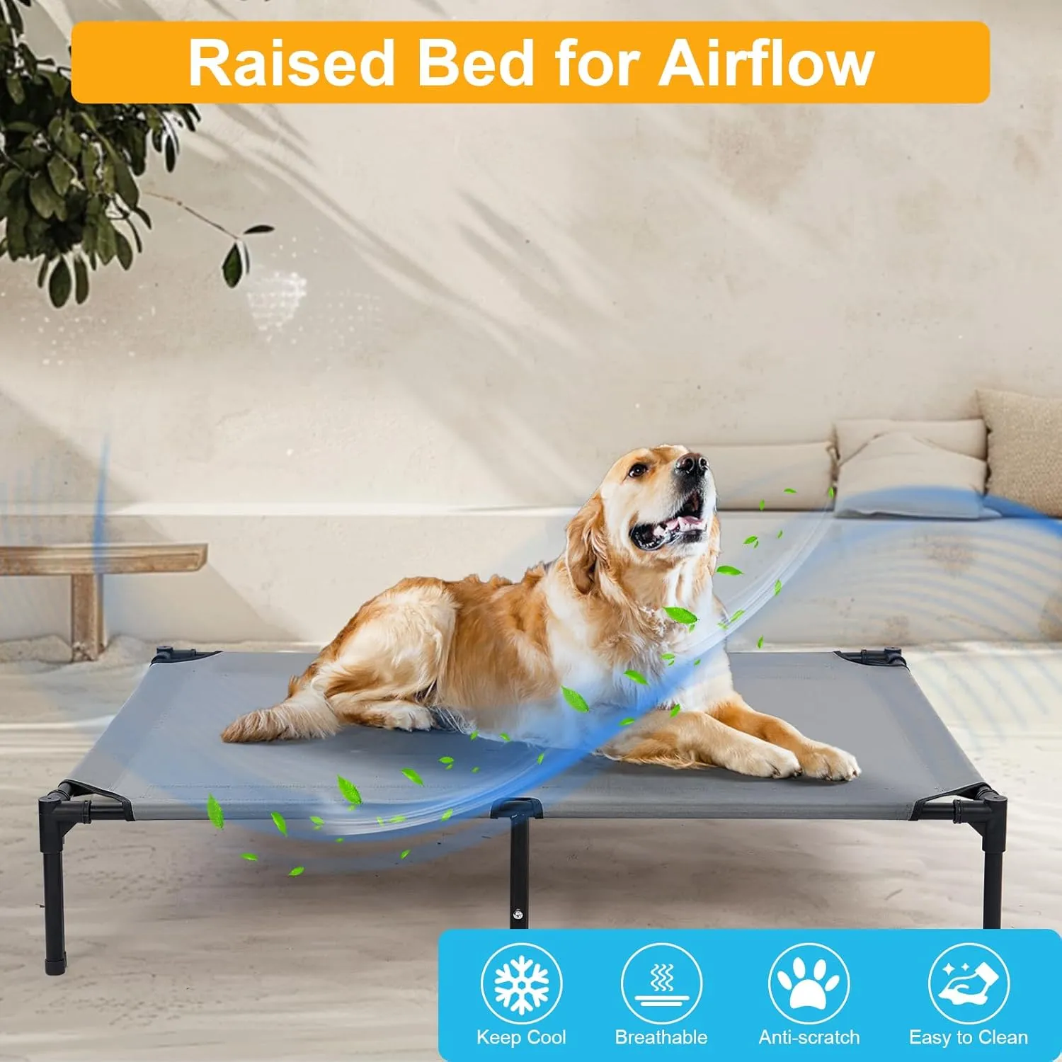 48'' Outdoor Elevated Dog Bed with Four Ice Pack, Raised Dogs Bed with Six Support Feet, Breathable Cooling Dog Cot Beds Medium Large Size Dogs, Outdoor Pet Hammock Beds, Outside Pet Beds(X-Large)