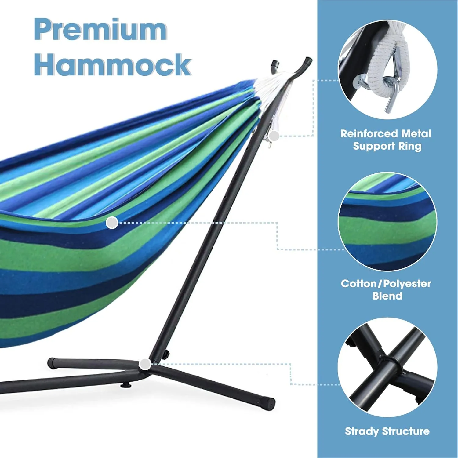 550lbs Capacity Double Hammock Adjustable Hammock Bed with 10ft Heavy Duty Steel Stand Includes Portable Carrying Case, Easy Set up Blue/Green a
