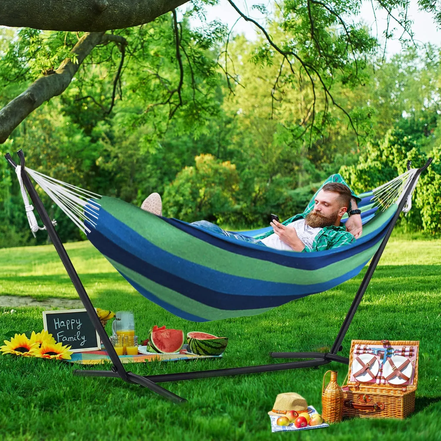 550lbs Capacity Double Hammock Adjustable Hammock Bed with 10ft Heavy Duty Steel Stand Includes Portable Carrying Case, Easy Set up Blue/Green a