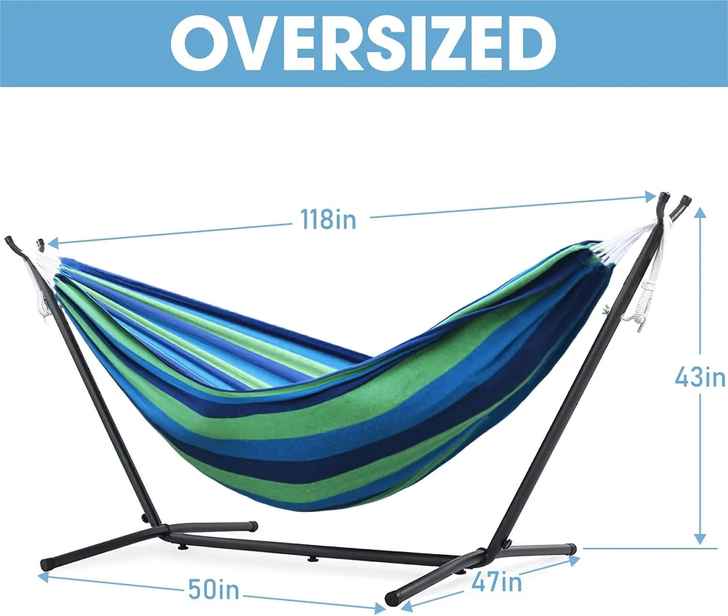 550lbs Capacity Double Hammock Adjustable Hammock Bed with 10ft Heavy Duty Steel Stand Includes Portable Carrying Case, Easy Set up Blue/Green a