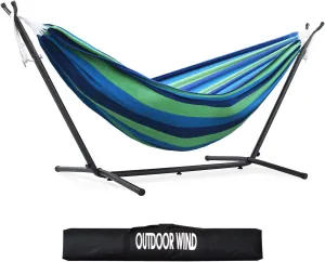 550lbs Capacity Double Hammock Adjustable Hammock Bed with 10ft Heavy Duty Steel Stand Includes Portable Carrying Case, Easy Set up Blue/Green a