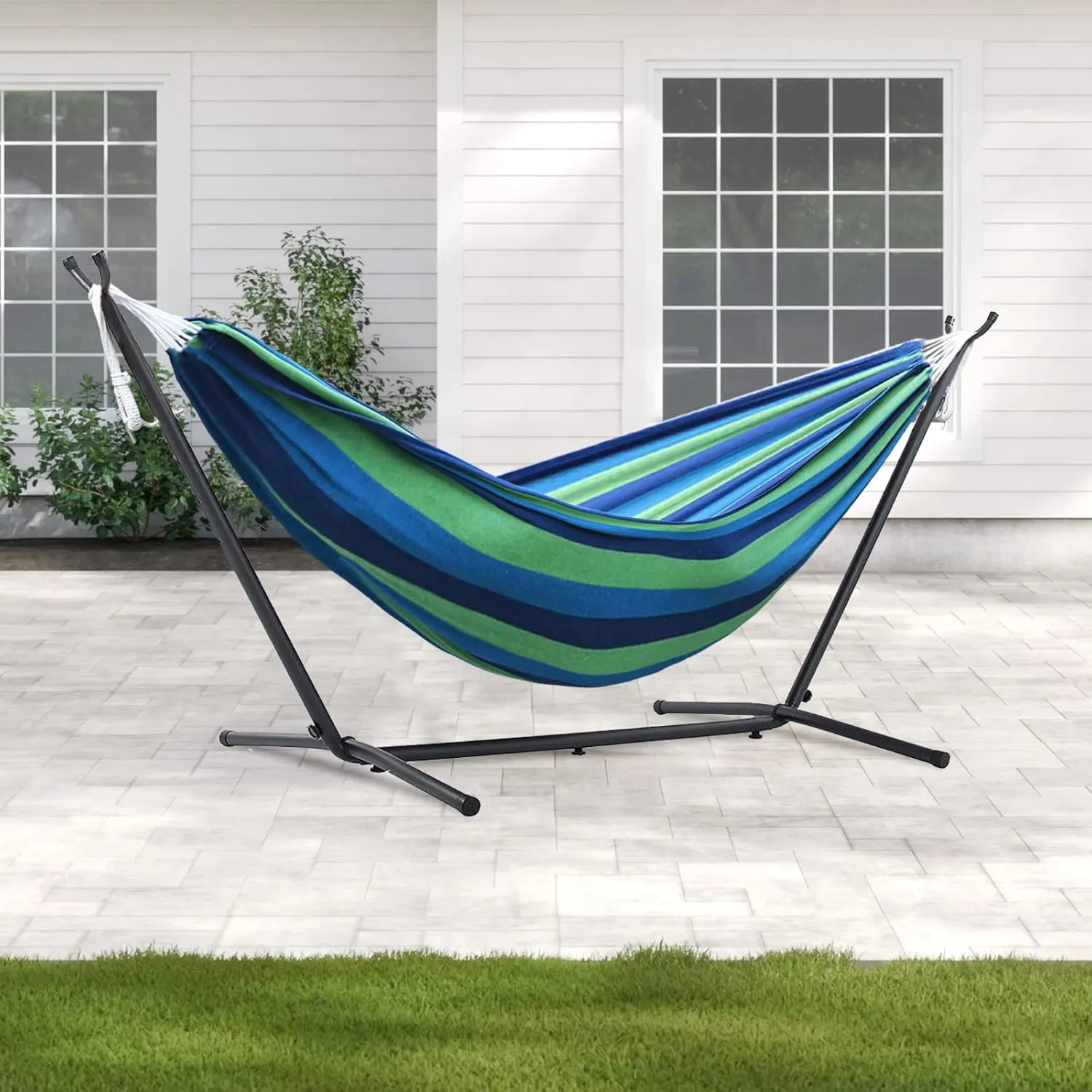 550lbs Capacity Double Hammock Adjustable Hammock Bed with 10ft Heavy Duty Steel Stand Includes Portable Carrying Case, Easy Set up Blue/Green a