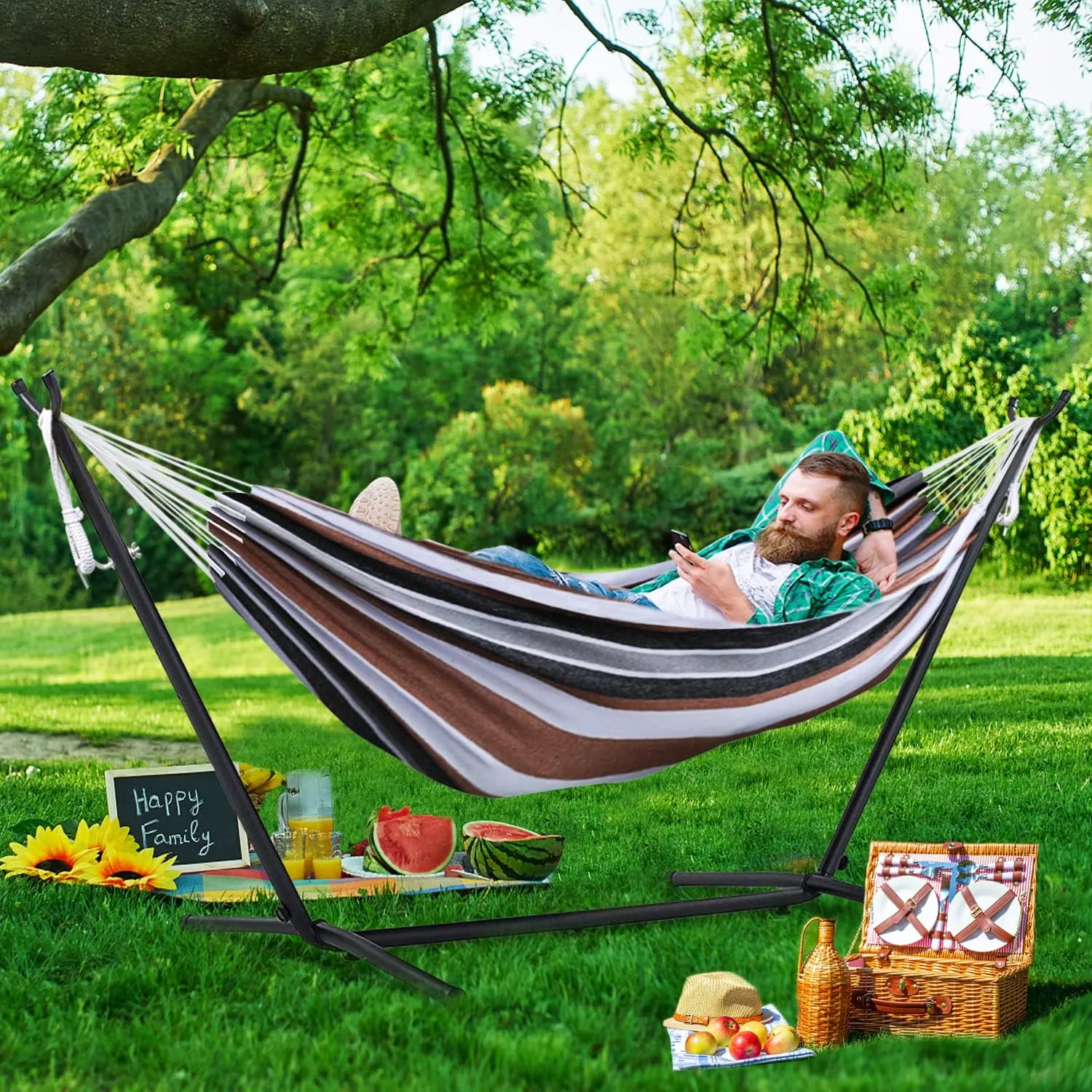 550lbs Capacity Double Hammock Adjustable Hammock Bed with 10ft Heavy Duty Steel Stand Includes Portable Carrying Case, Easy Set up