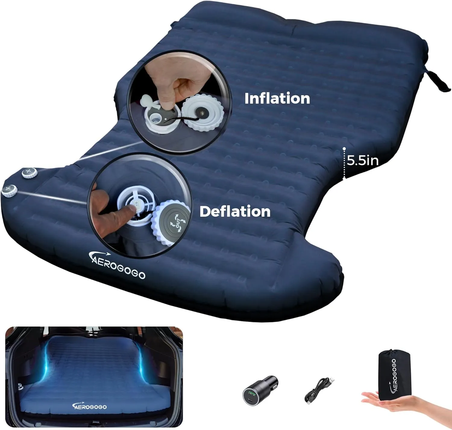 5.5" Thick Tesla Model Y Mattress Self Inflating Camping Mattress with Built-in Pillow, One Click to Inflate/Deflate, Backpack Size, IP68, 2 Person, Tesla Model Y Accessories 2024-2021