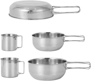 5pcs Camping Cookware Set Outdoor Portable Picnic Cookware Kit Stainless Steel Travel Tableware Cooking Accessory Bowl Cups Pan Set