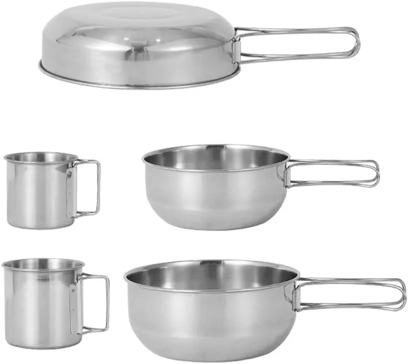5pcs Camping Cookware Set Outdoor Portable Picnic Cookware Kit Stainless Steel Travel Tableware Cooking Accessory Bowl Cups Pan Set