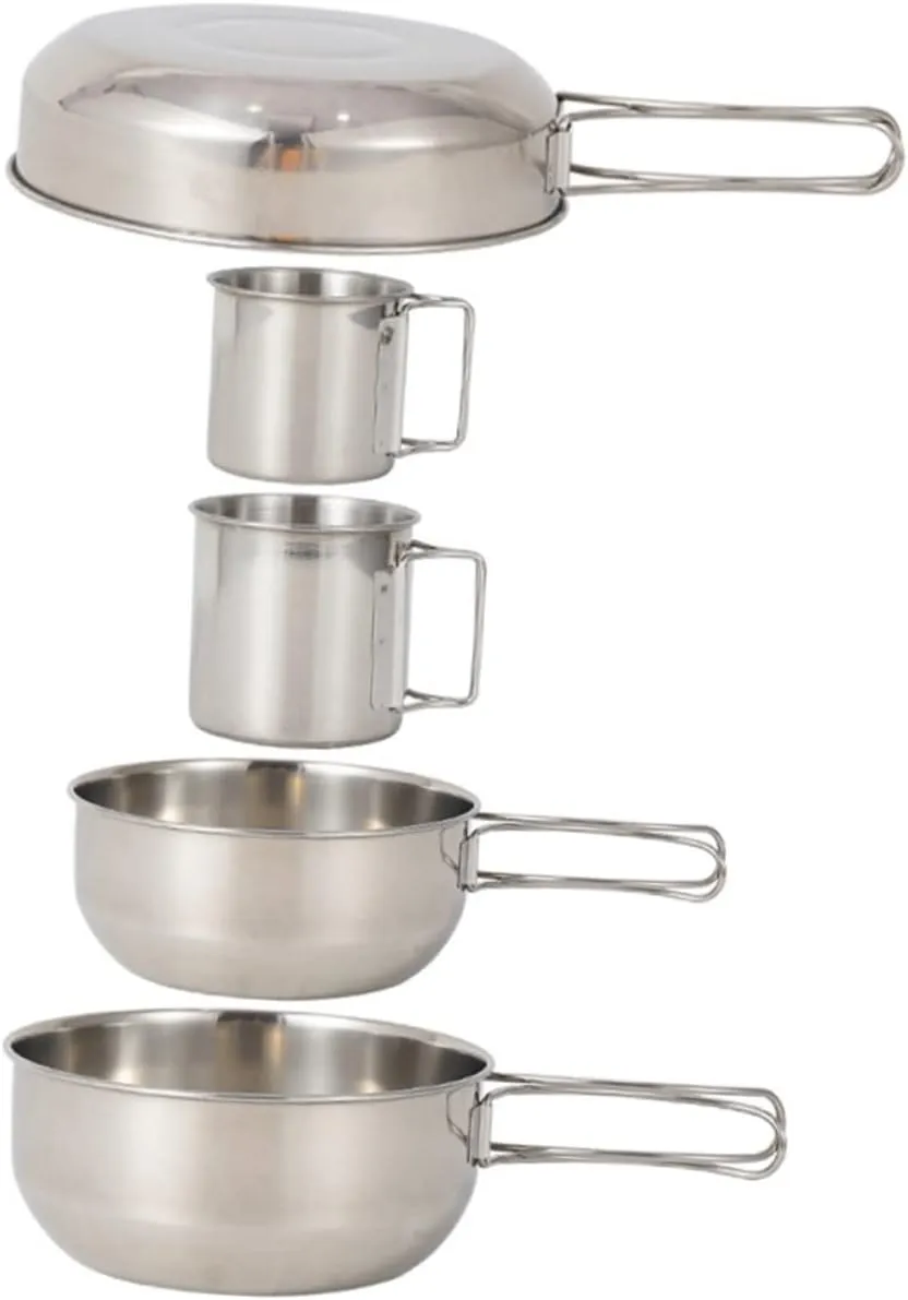 5Pcs Camping Tableware Set Stainless Steel Cups Pots for Fishing Picnics Bbqs and Outdoor Activities Lightweight Durable Easy to Carry Non Tipping Design