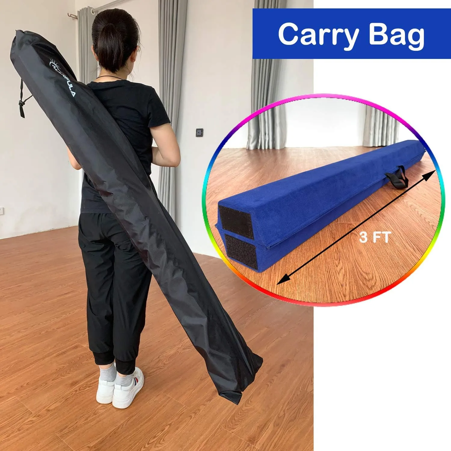 6 FT / 8 FT / 9 FT Folding Gymnastics Beam Foam Balance Floor Beam - Extra Firm - Suede Cover - Anti Slip Bottom with Carry Bag for Kids/Adults Home Use