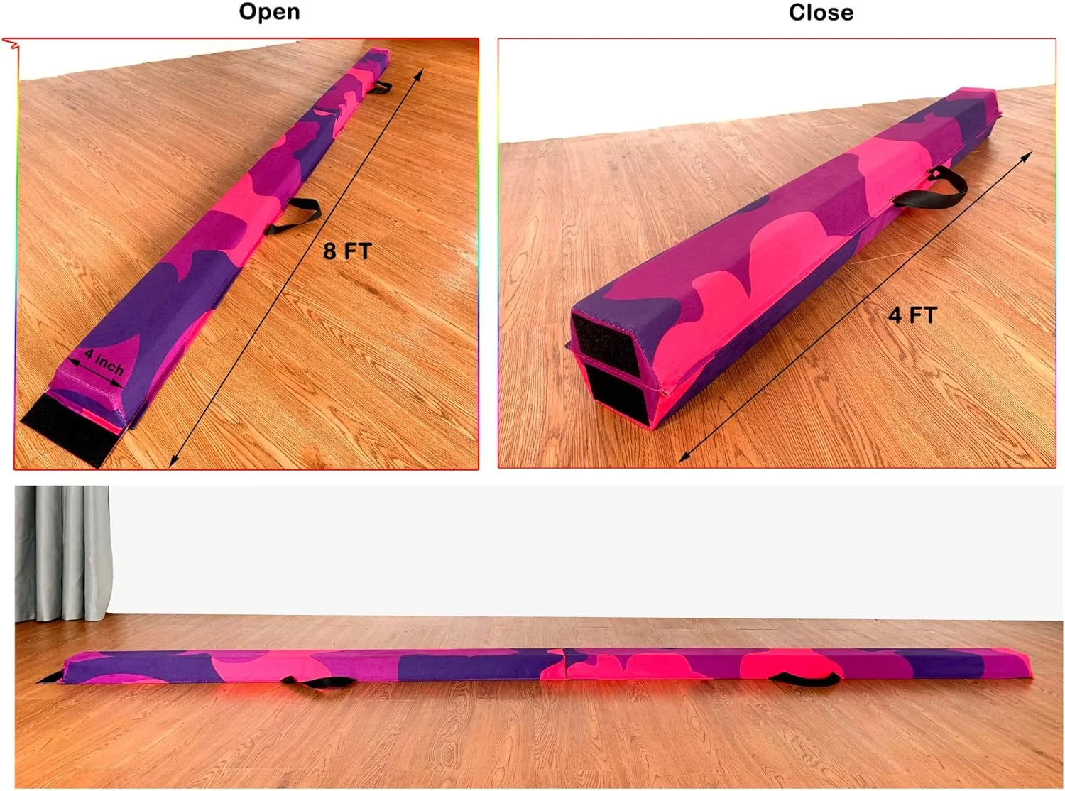 6 FT / 8 FT / 9 FT Folding Gymnastics Beam Foam Balance Floor Beam - Extra Firm - Suede Cover - Anti Slip Bottom with Carry Bag for Kids/Adults Home Use