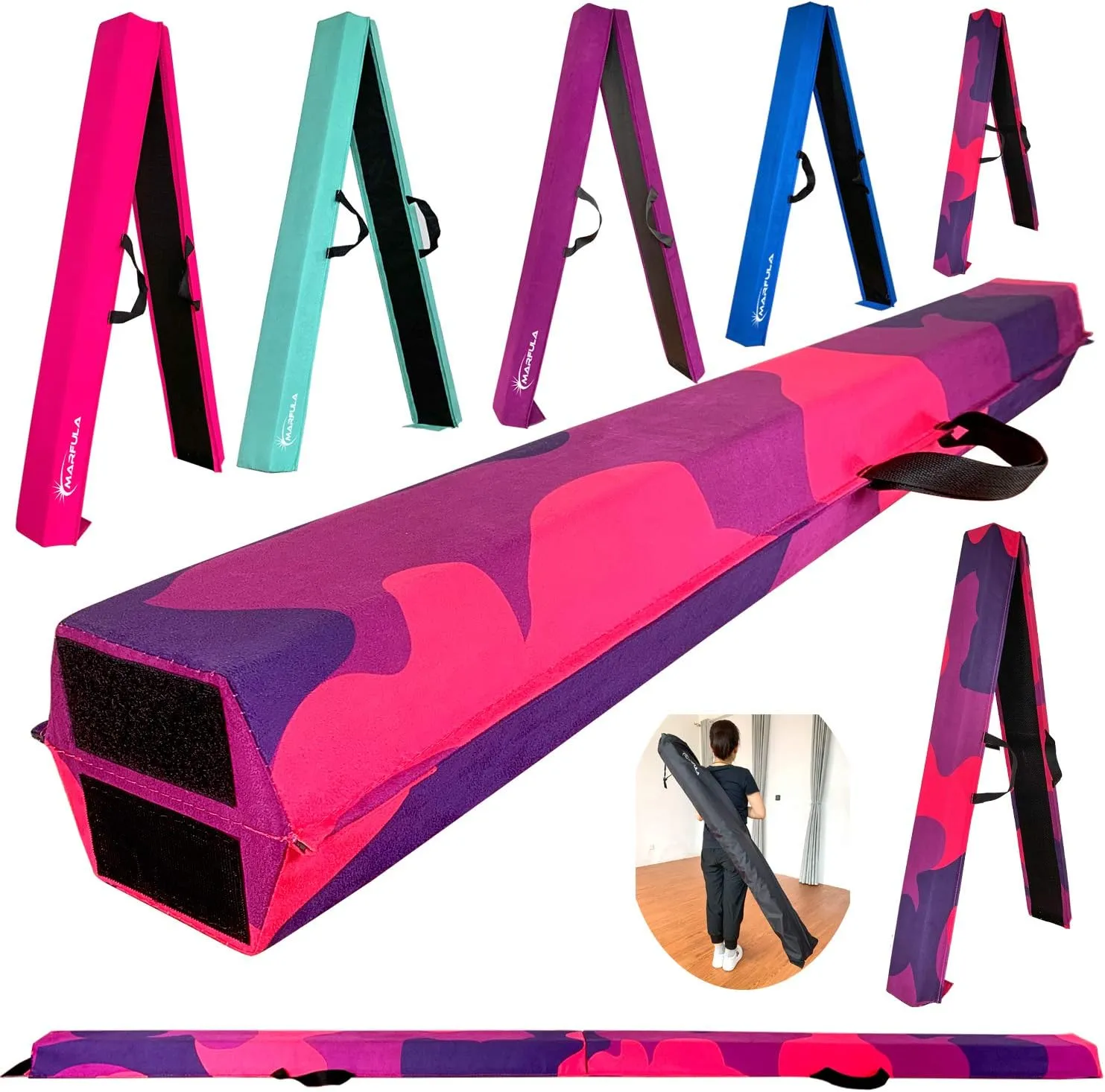 6 FT / 8 FT / 9 FT Folding Gymnastics Beam Foam Balance Floor Beam - Extra Firm - Suede Cover - Anti Slip Bottom with Carry Bag for Kids/Adults Home Use