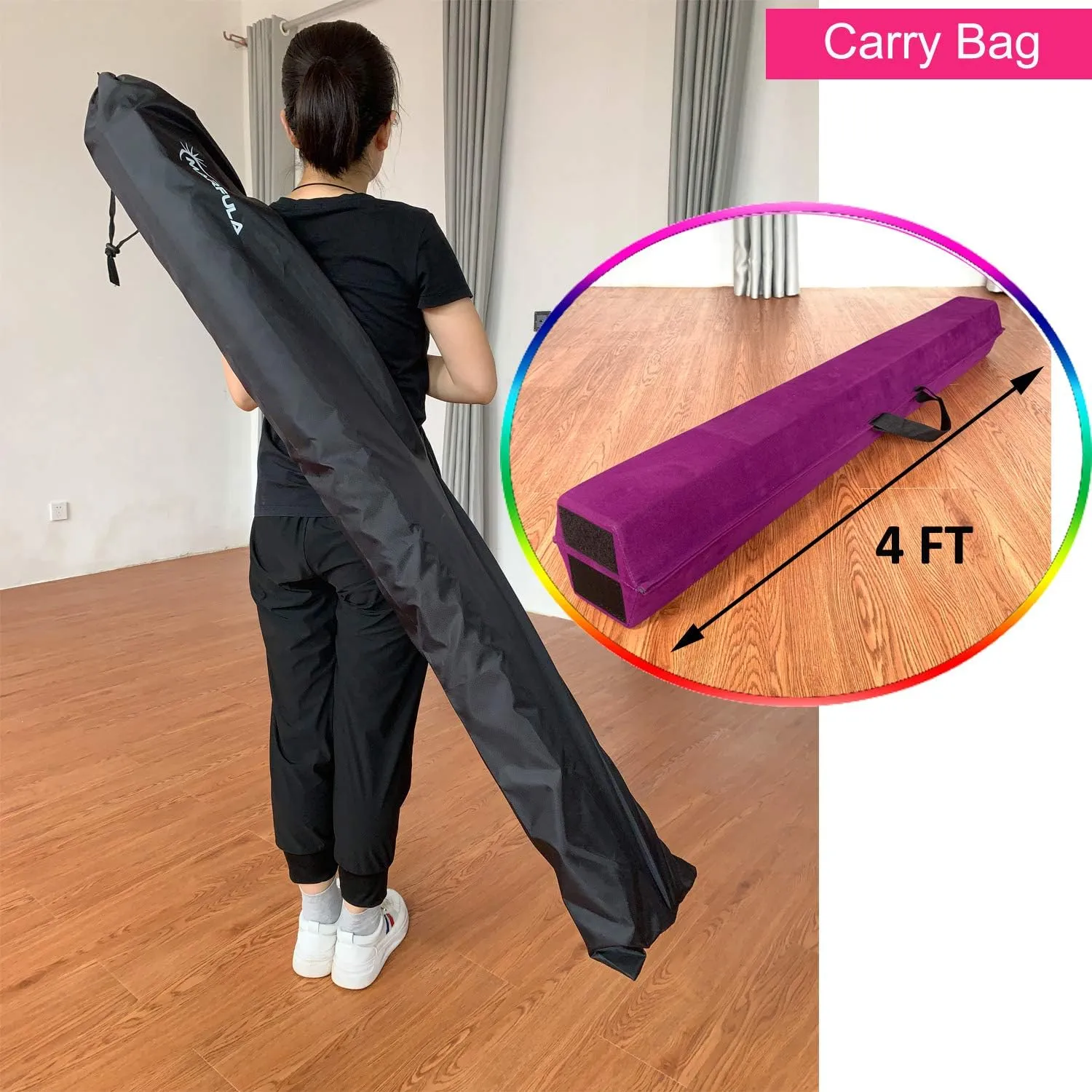 6 FT / 8 FT / 9 FT Folding Gymnastics Beam Foam Balance Floor Beam - Extra Firm - Suede Cover - Anti Slip Bottom with Carry Bag for Kids/Adults Home Use