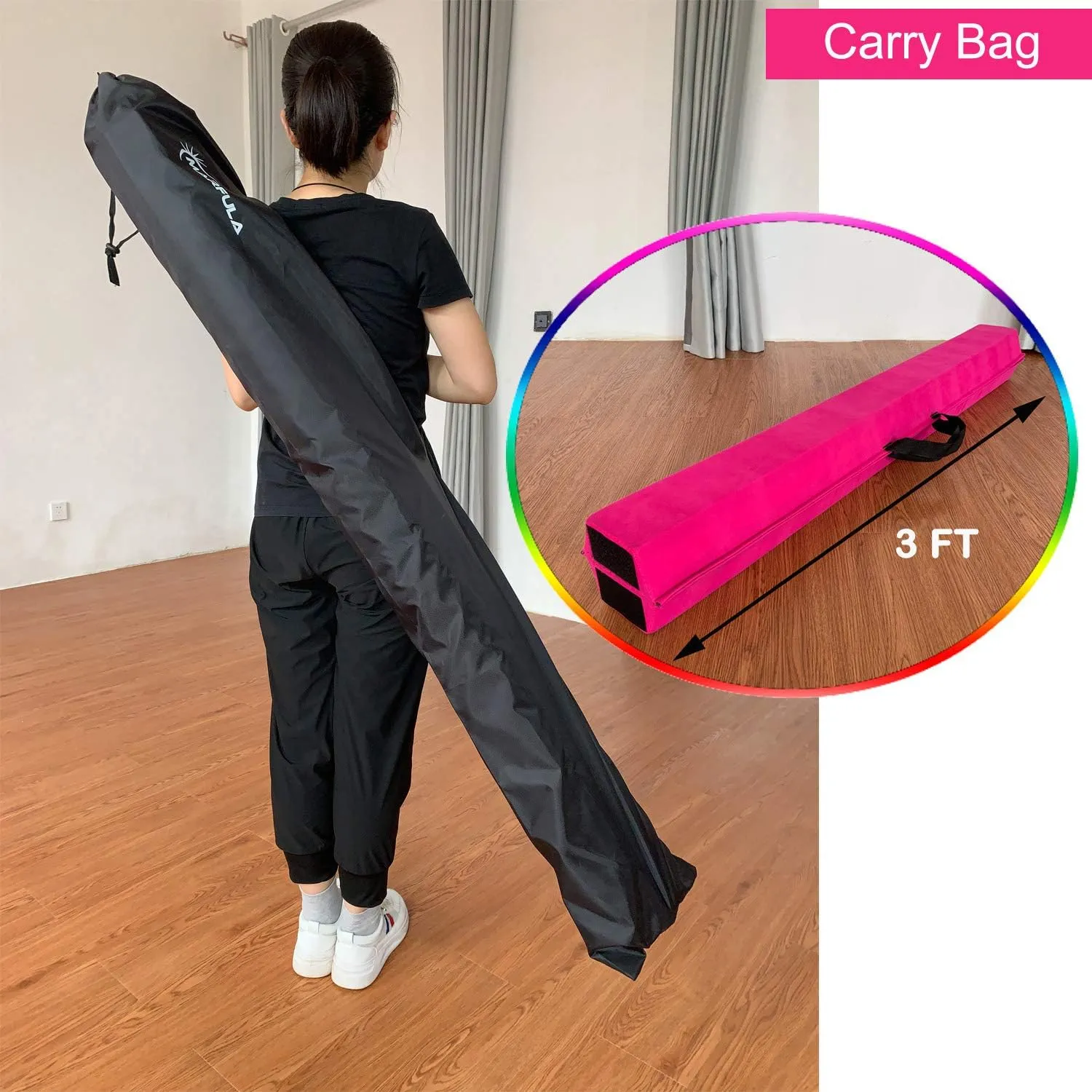 6 FT / 8 FT / 9 FT Folding Gymnastics Beam Foam Balance Floor Beam - Extra Firm - Suede Cover - Anti Slip Bottom with Carry Bag for Kids/Adults Home Use