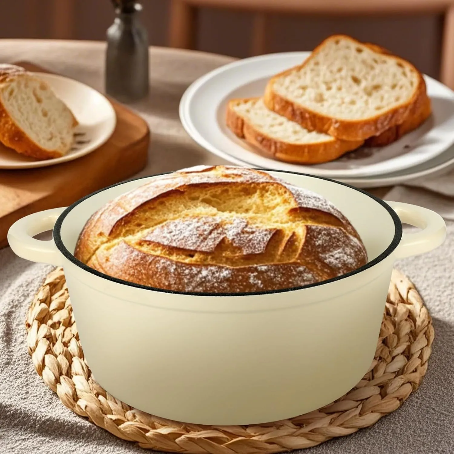 6 Quart Enameled Cast Iron Dutch Oven Pot with Lid and Silicone Accessories, Oven Safe up to 500°F or on Stovetop, Non-stick Dutch Oven for Bread Baking, Cooking, Dual Handles Cookware, Beige