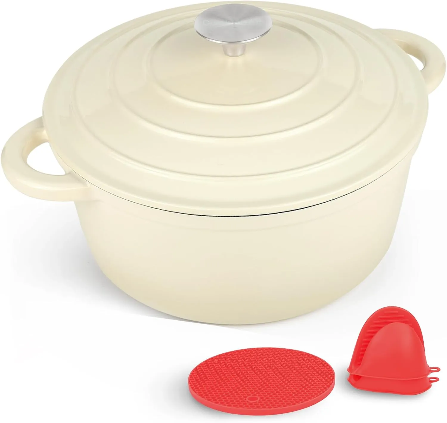 6 Quart Enameled Cast Iron Dutch Oven Pot with Lid and Silicone Accessories, Oven Safe up to 500°F or on Stovetop, Non-stick Dutch Oven for Bread Baking, Cooking, Dual Handles Cookware, Beige