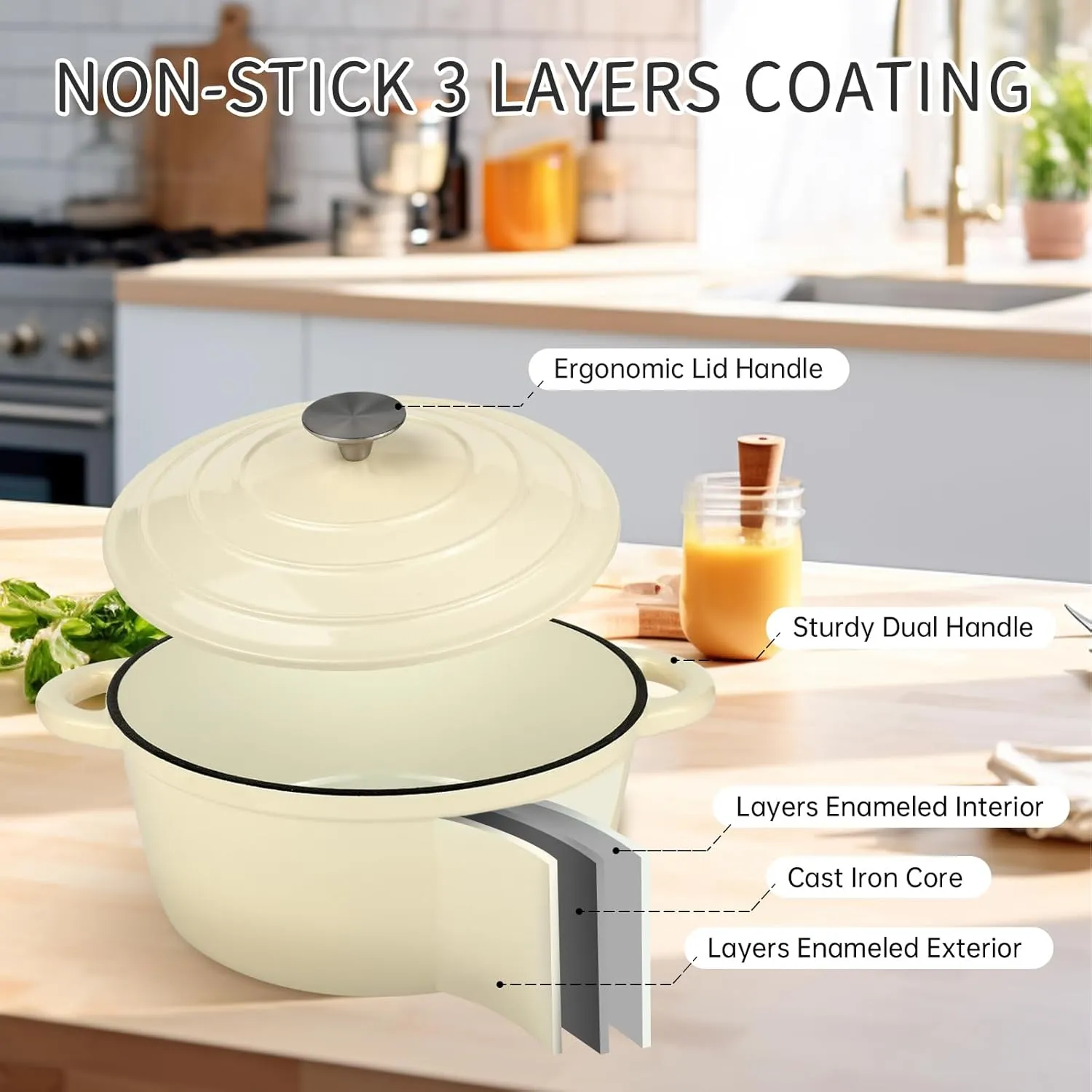 6 Quart Enameled Cast Iron Dutch Oven Pot with Lid and Silicone Accessories, Oven Safe up to 500°F or on Stovetop, Non-stick Dutch Oven for Bread Baking, Cooking, Dual Handles Cookware, Beige