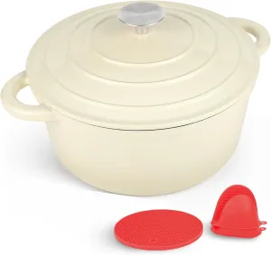 6 Quart Enameled Cast Iron Dutch Oven Pot with Lid and Silicone Accessories, Oven Safe up to 500°F or on Stovetop, Non-stick Dutch Oven for Bread Baking, Cooking, Dual Handles Cookware, Beige