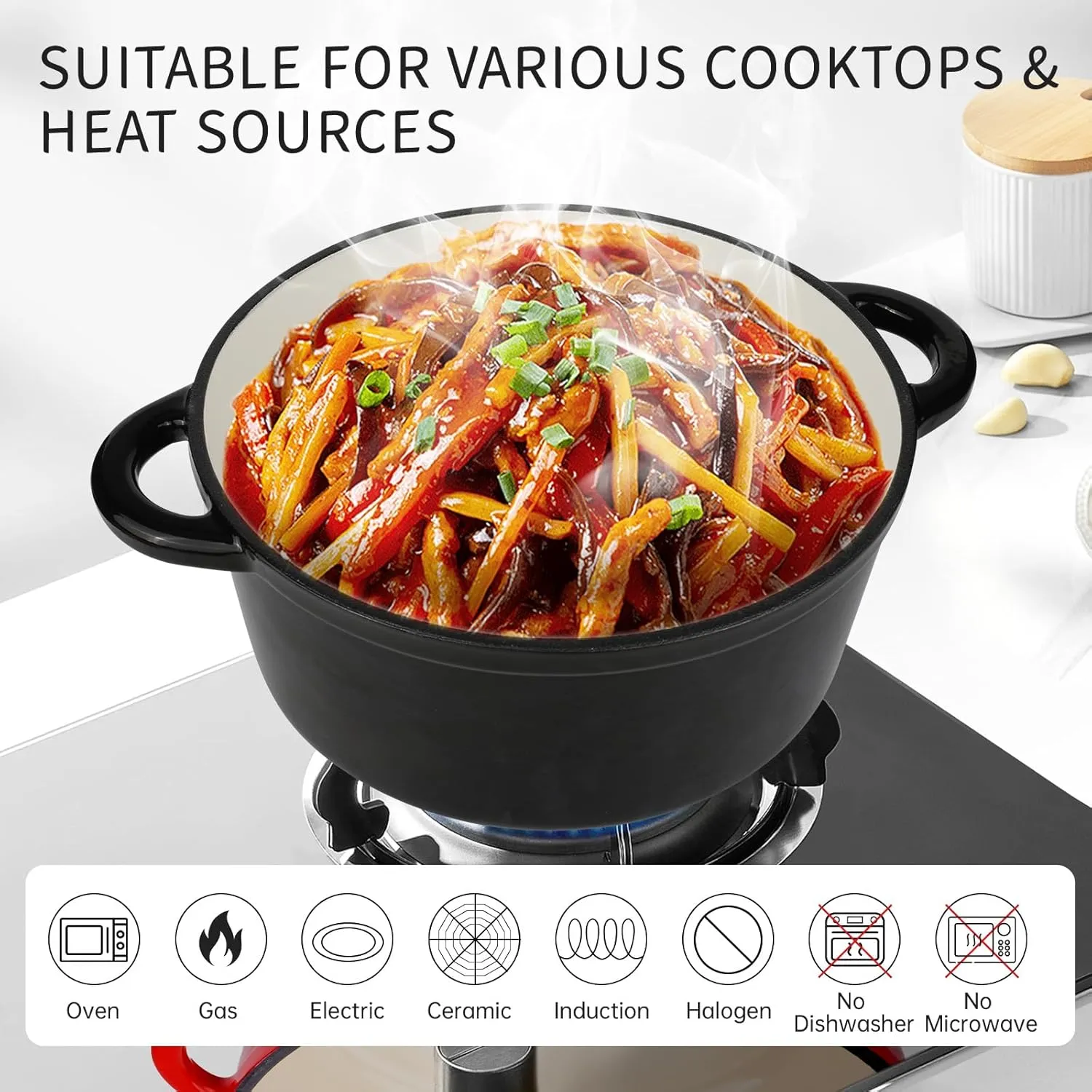 6 Quart Enameled Cast Iron Dutch Oven Pot with Lid and Silicone Accessories, Oven Safe up to 500°F or on Stovetop, Non-stick Dutch Oven for Bread Baking, Cooking, Dual Handles Cookware, Black