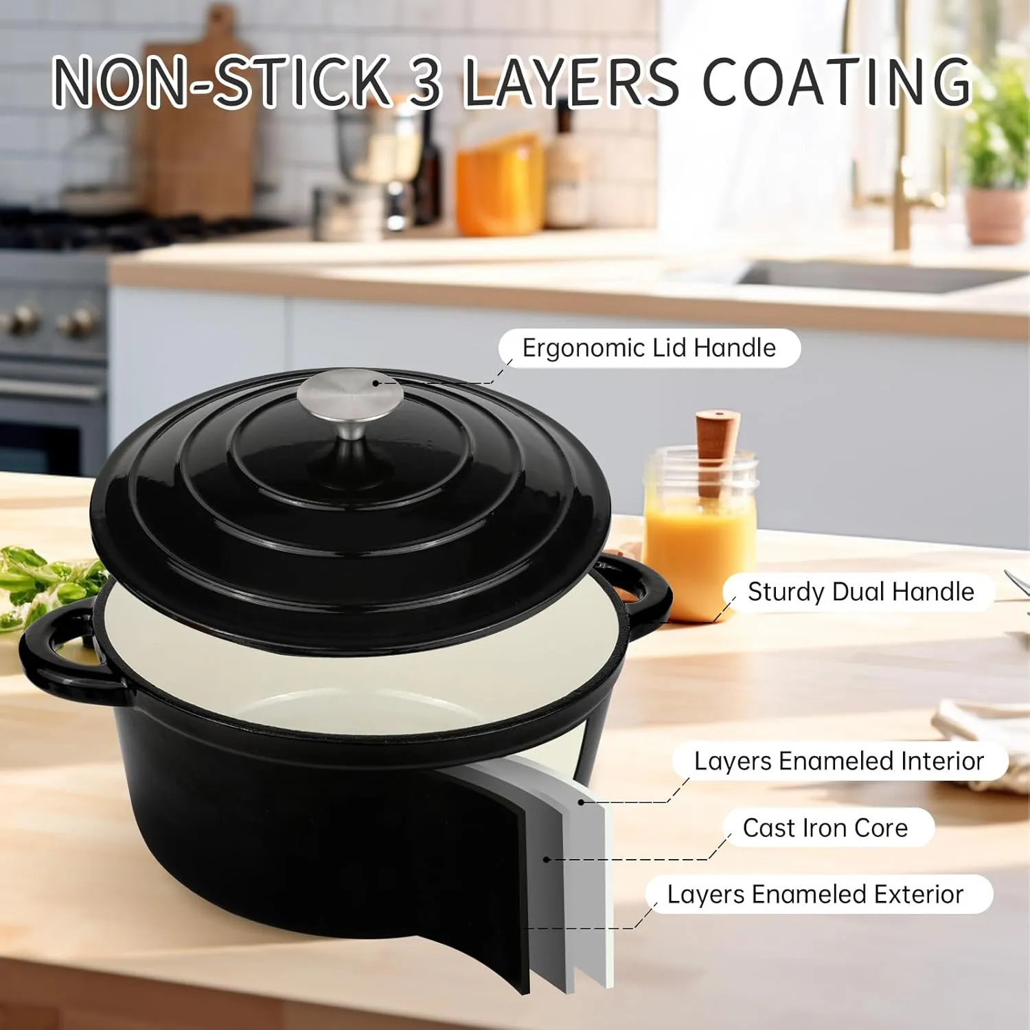 6 Quart Enameled Cast Iron Dutch Oven Pot with Lid and Silicone Accessories, Oven Safe up to 500°F or on Stovetop, Non-stick Dutch Oven for Bread Baking, Cooking, Dual Handles Cookware, Black