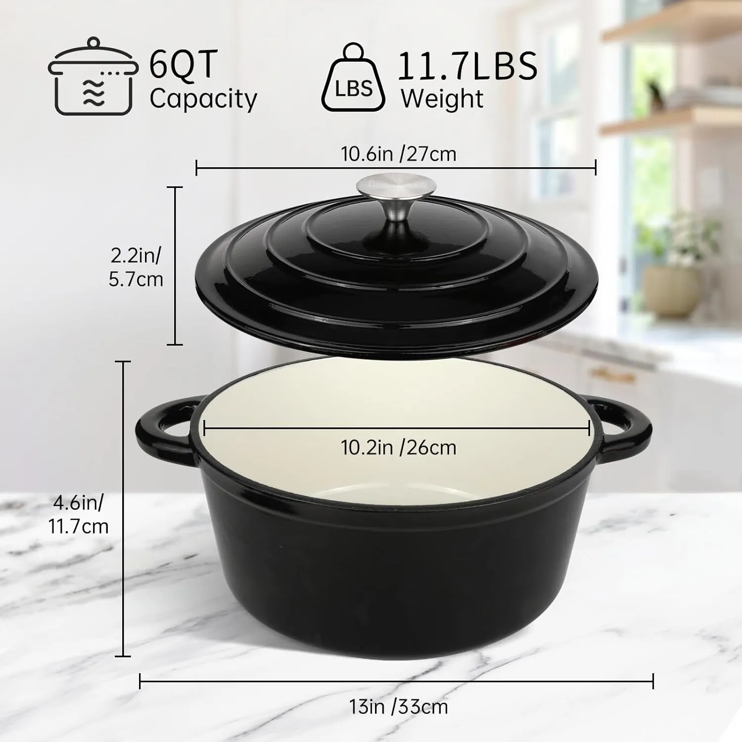 6 Quart Enameled Cast Iron Dutch Oven Pot with Lid and Silicone Accessories, Oven Safe up to 500°F or on Stovetop, Non-stick Dutch Oven for Bread Baking, Cooking, Dual Handles Cookware, Black