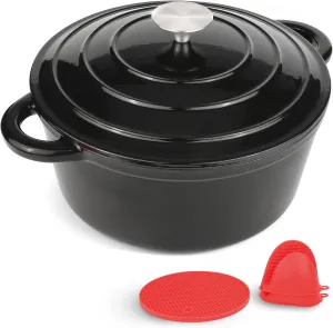 6 Quart Enameled Cast Iron Dutch Oven Pot with Lid and Silicone Accessories, Oven Safe up to 500°F or on Stovetop, Non-stick Dutch Oven for Bread Baking, Cooking, Dual Handles Cookware, Black