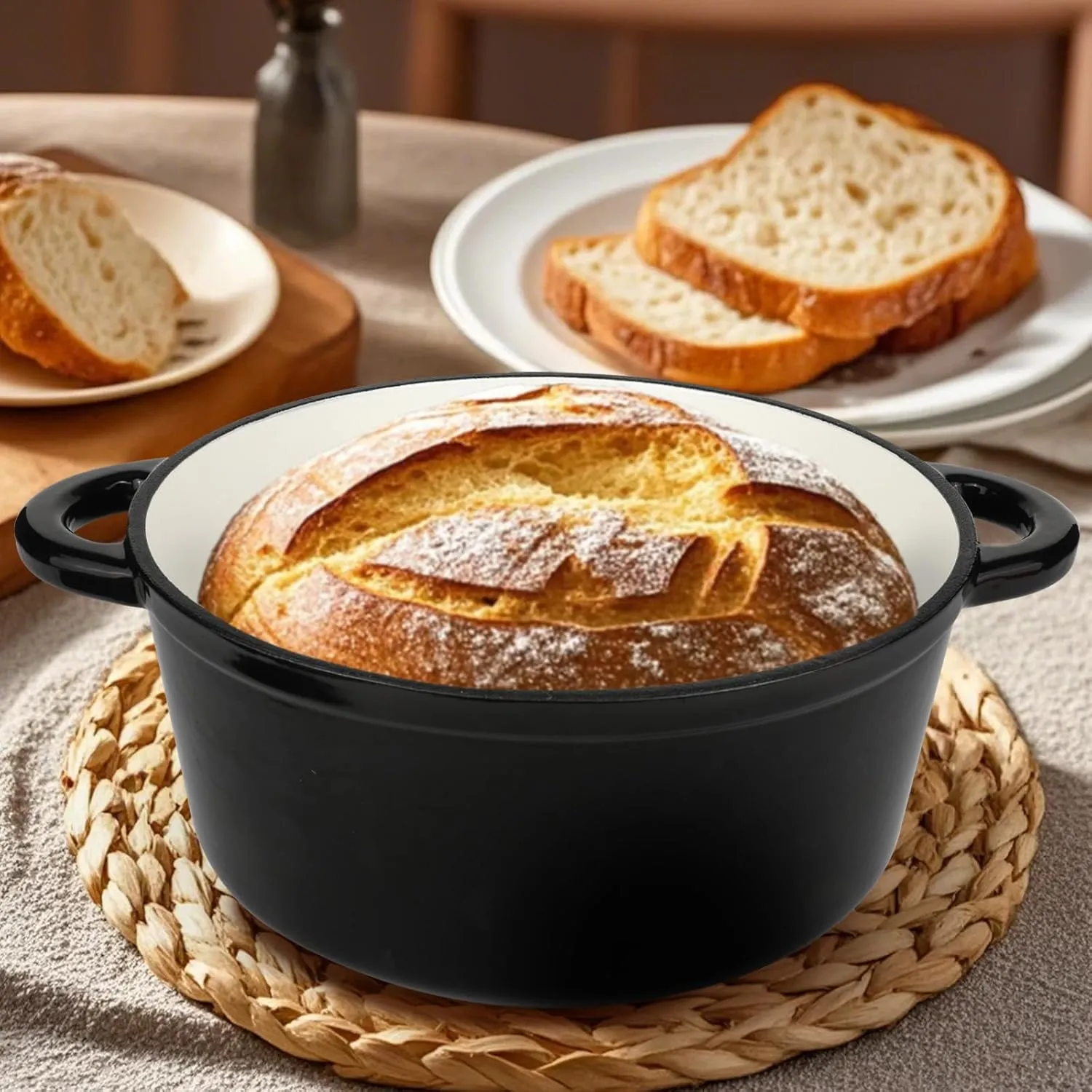 6 Quart Enameled Cast Iron Dutch Oven Pot with Lid and Silicone Accessories, Oven Safe up to 500°F or on Stovetop, Non-stick Dutch Oven for Bread Baking, Cooking, Dual Handles Cookware, Black