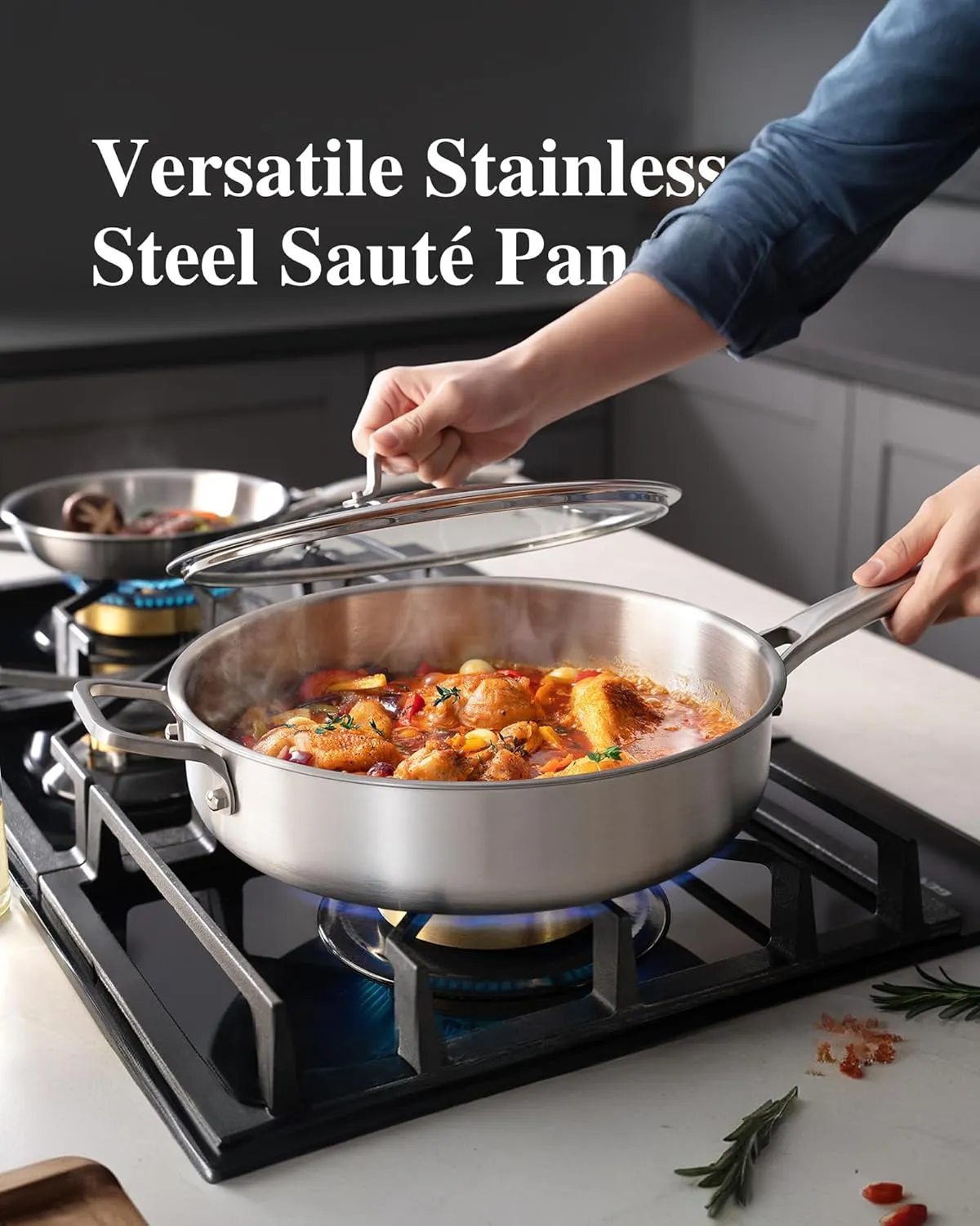 6-Quart Stainless Steel Saute Pan with Lid, 12-Inch Skillet, Dishwasher & Oven Safe, Works on All Cooktops