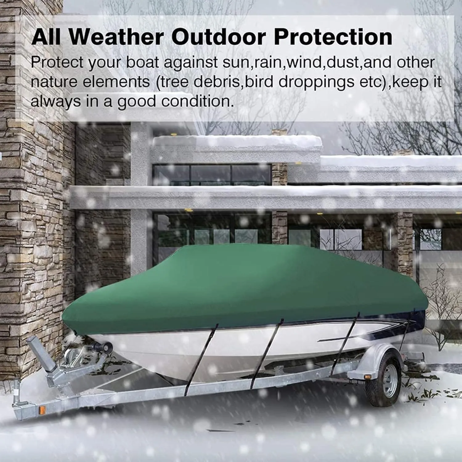 600D Heavy Duty Green Open Boat Cover Trailerable Runabout Waterproof dustproof Anti UV Fits V-Hull Marine Canvas Cover 11-22FT,S(Length420cm)