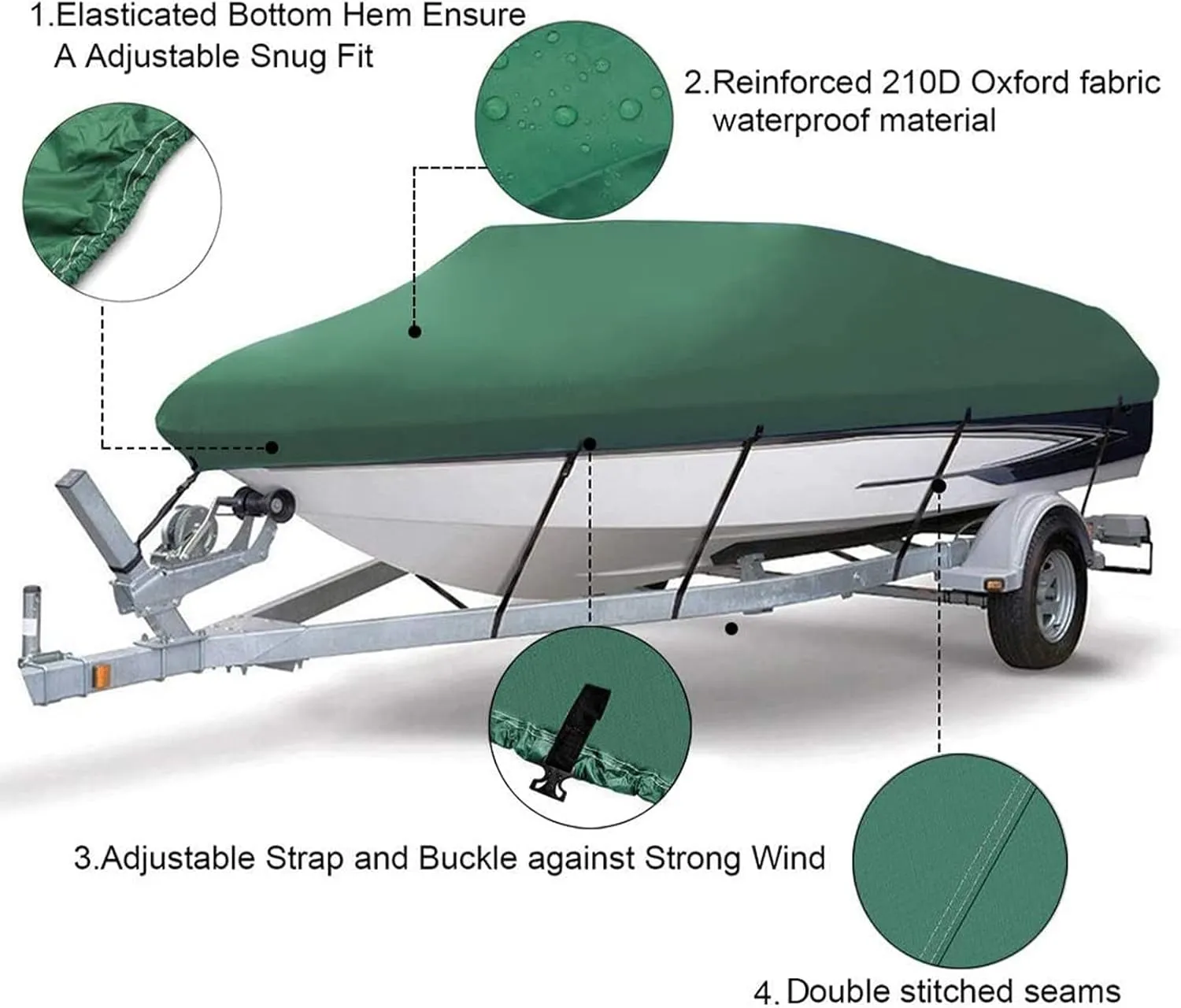 600D Heavy Duty Green Open Boat Cover Trailerable Runabout Waterproof dustproof Anti UV Fits V-Hull Marine Canvas Cover 11-22FT,S(Length420cm)