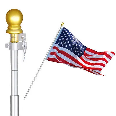 6.5 ft Aluminum Flagpole Kit Telescopic Flag Pole 3x5' U.S Flag Gold Ball Top