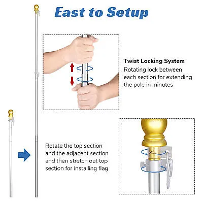 6.5 ft Aluminum Flagpole Kit Telescopic Flag Pole 3x5' U.S Flag Gold Ball Top