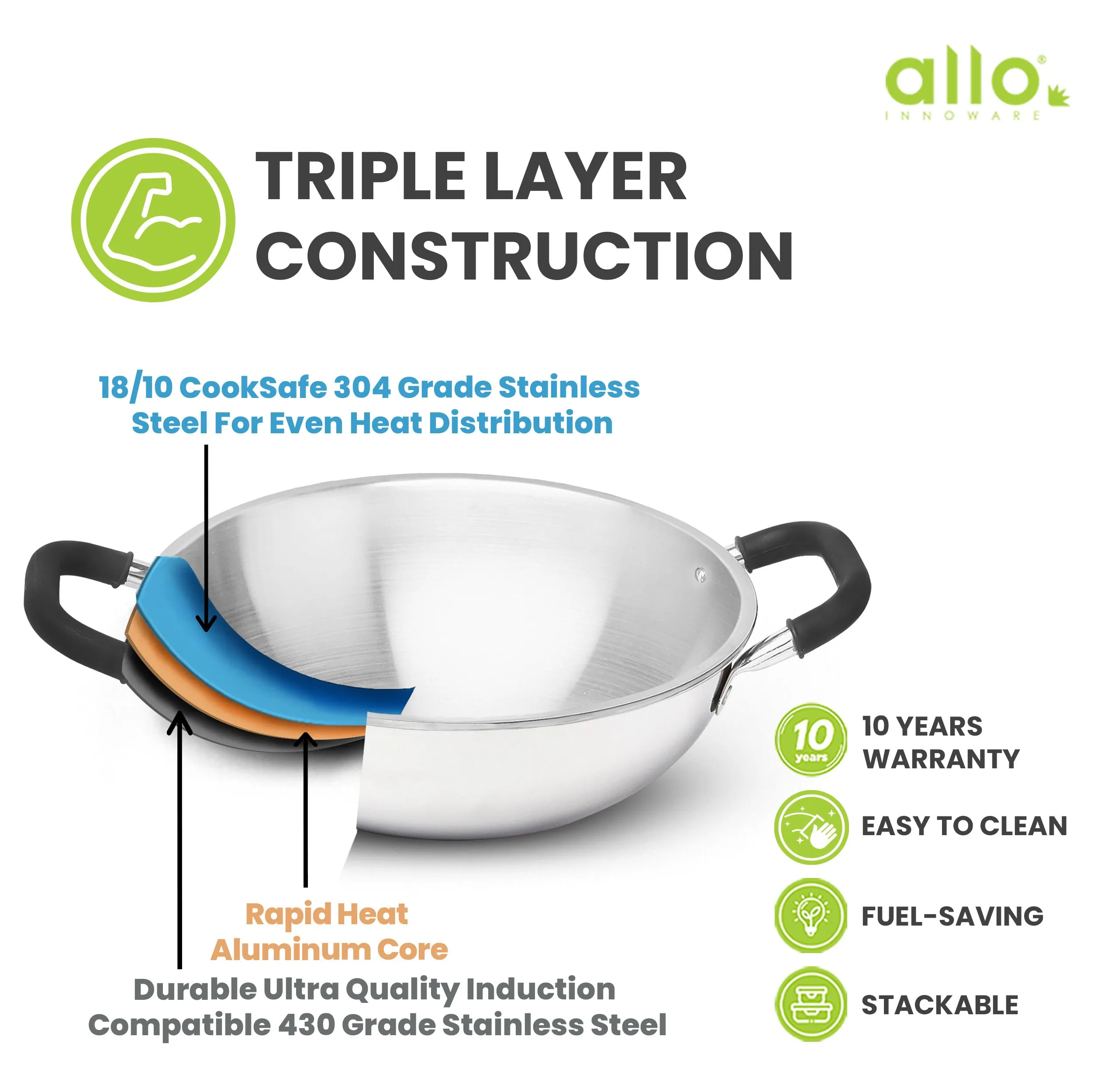 6.8L Allo CookSafe TriPly Kadhai | Stainless Steel | With Stainless Steel Lid | Induction Friendly | 32cm