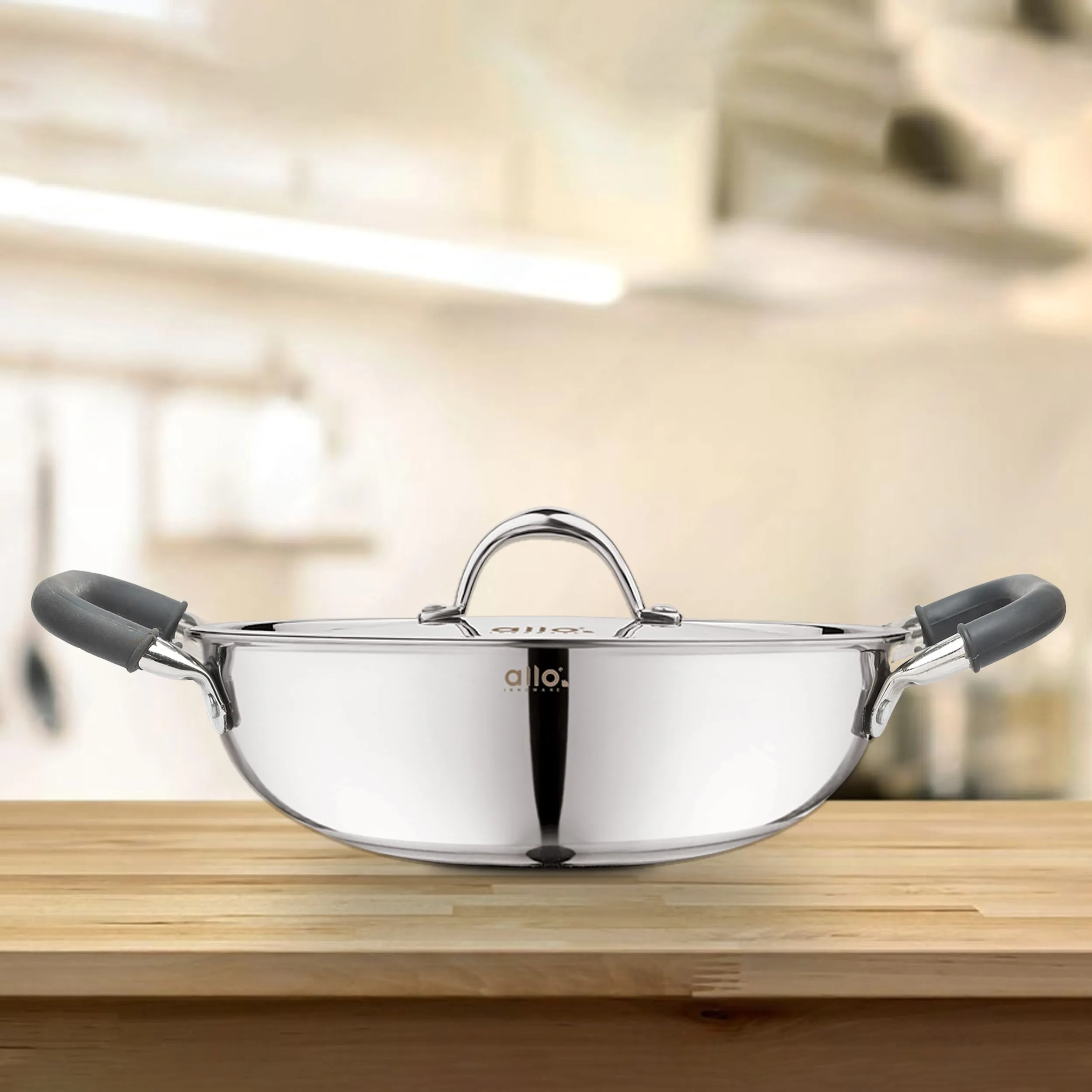 6.8L Allo CookSafe TriPly Kadhai | Stainless Steel | With Stainless Steel Lid | Induction Friendly | 32cm