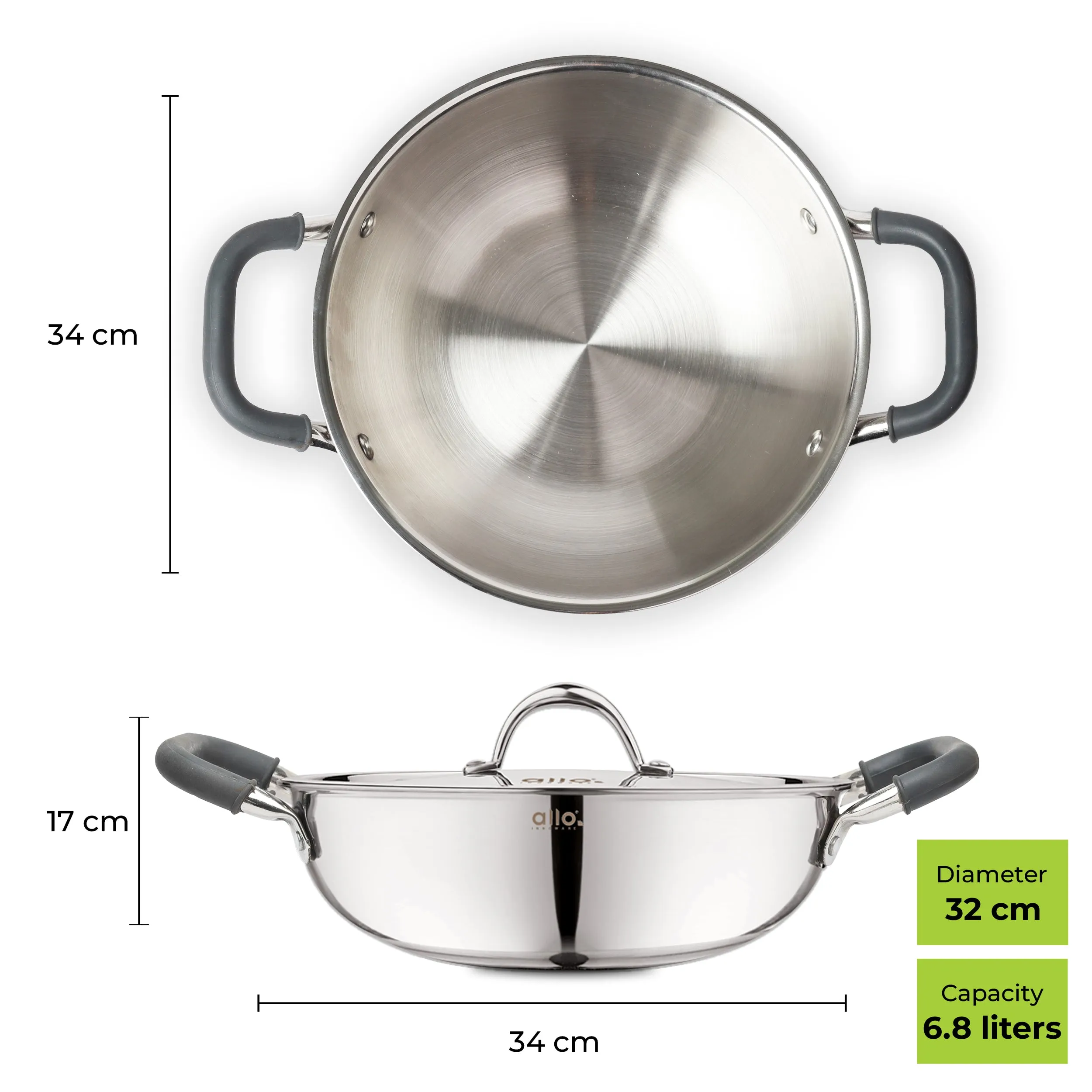 6.8L Allo CookSafe TriPly Kadhai | Stainless Steel | With Stainless Steel Lid | Induction Friendly | 32cm