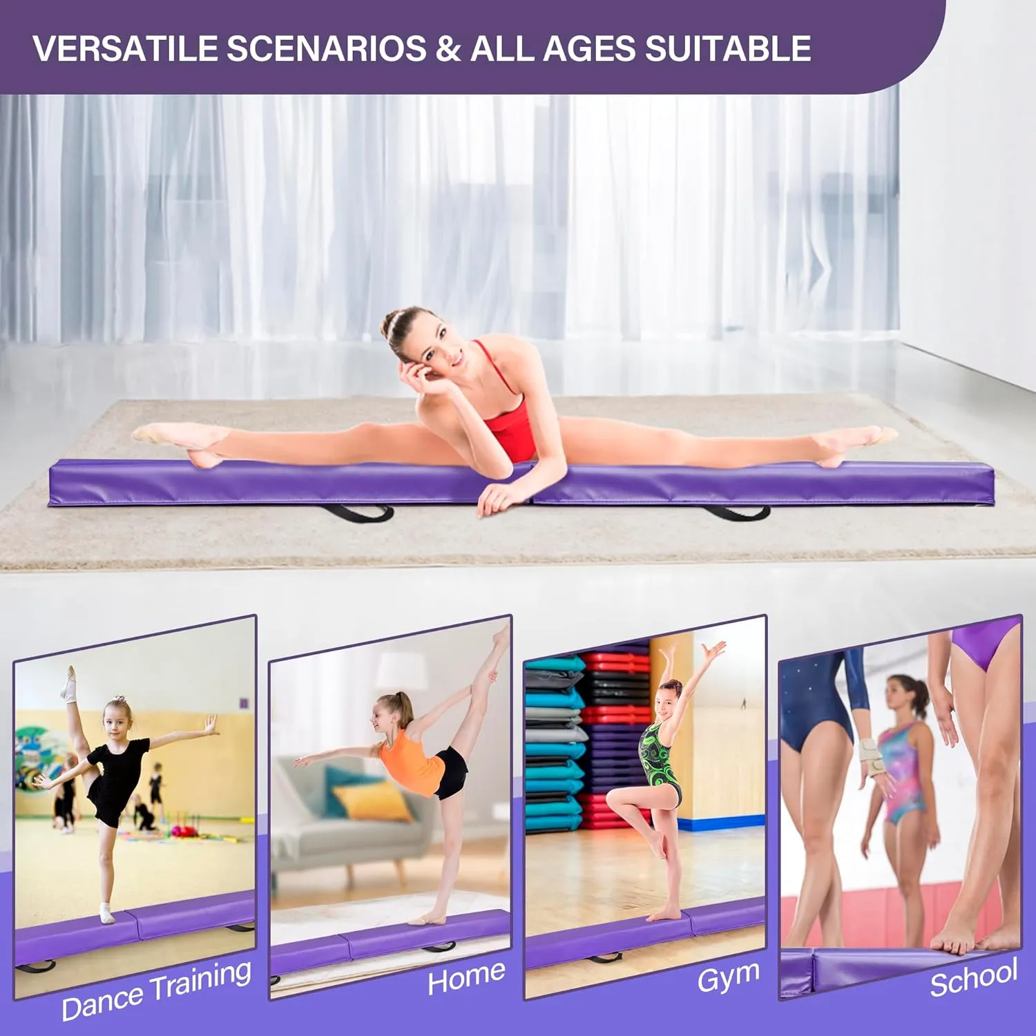 6FT/9FT Balance Beam Folding Gymnastics Beam Extra Firm Foam Anti-Slip Bottom Equipment for Floor Home Training, Kids, Adults