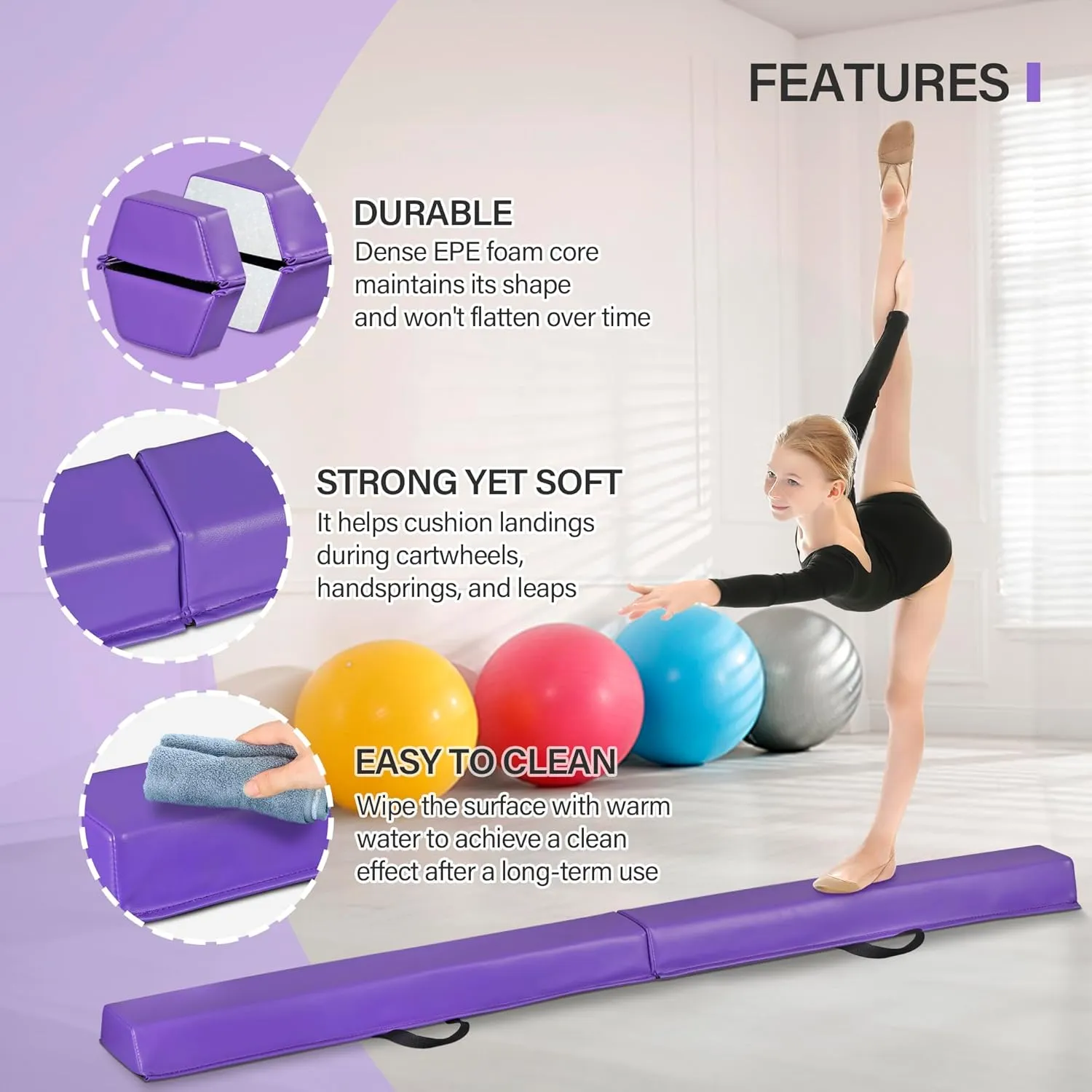 6FT/9FT Balance Beam Folding Gymnastics Beam Extra Firm Foam Anti-Slip Bottom Equipment for Floor Home Training, Kids, Adults