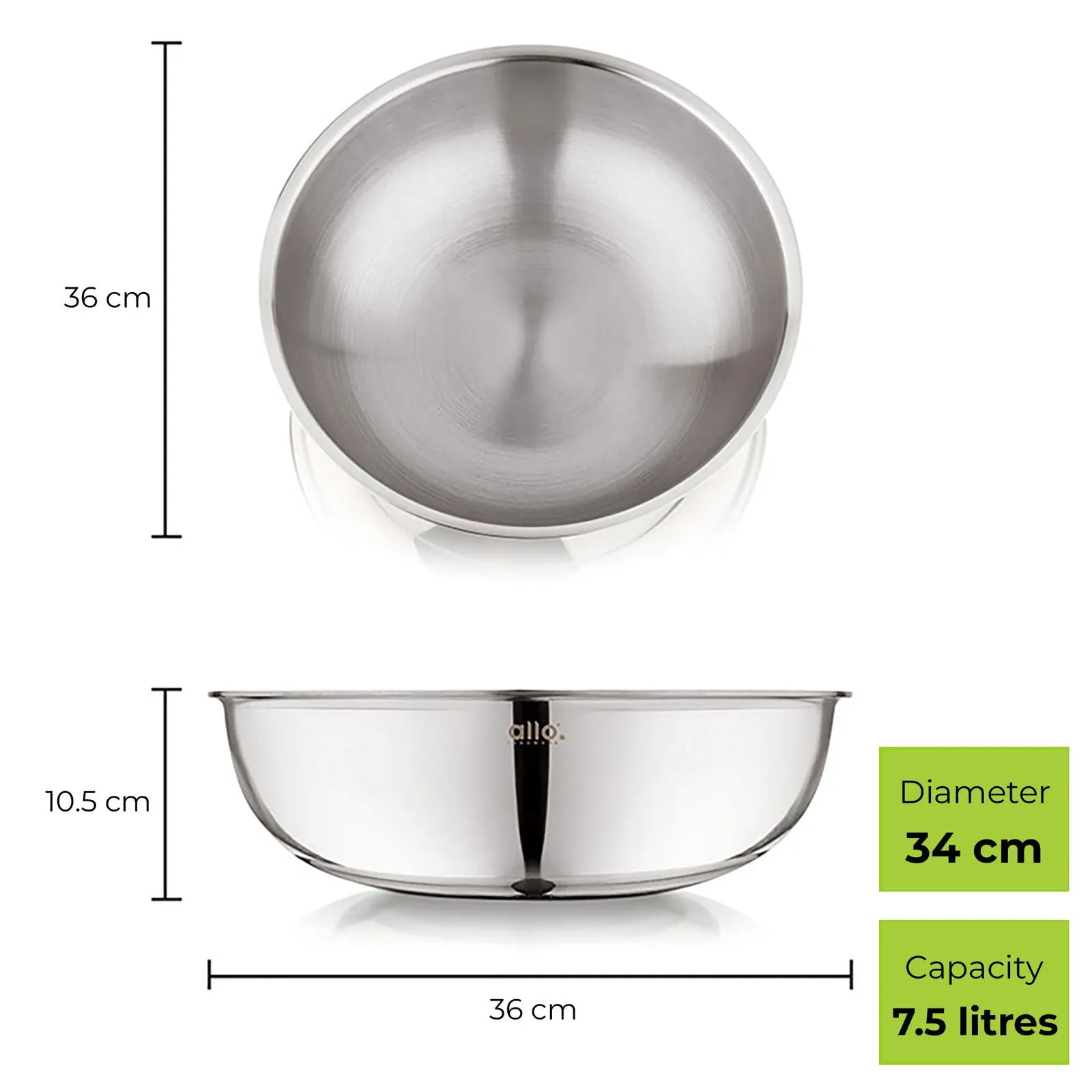 7.5L Allo CookSafe TriPly Tasla | Stainless Steel | Induction Friendly | 34 cm