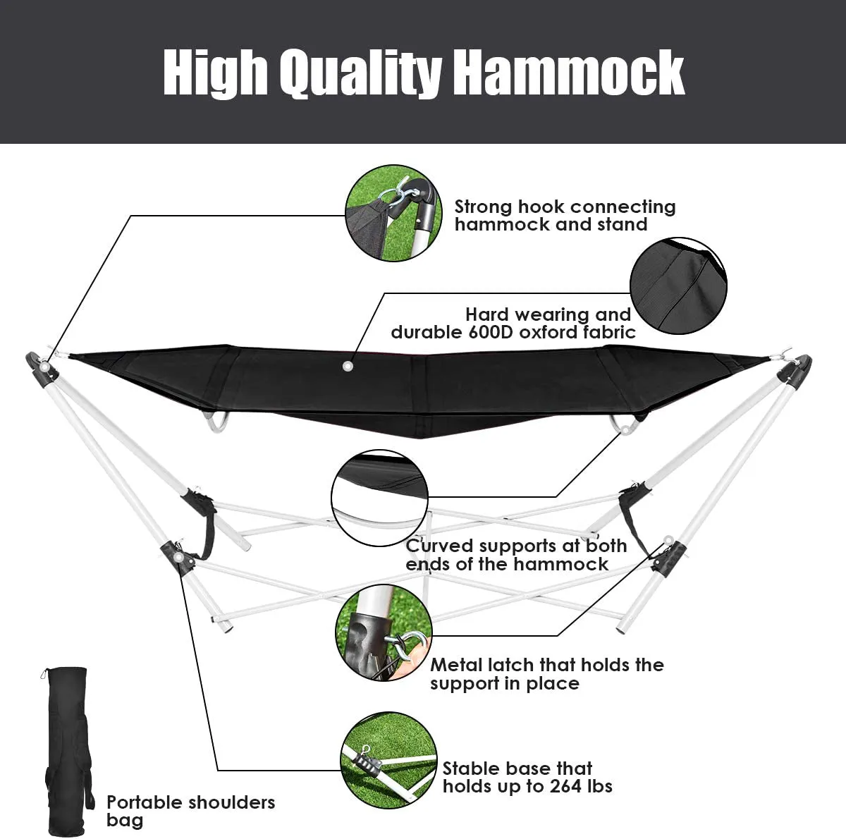 8 ft. Portable Folding Hammock Bed with Steel Frame and Carry Bag