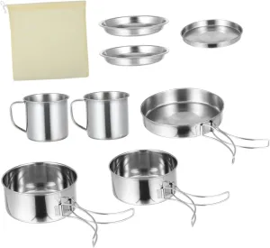 8Pcs Stainless Camping Cookware Set Cooking Kit for Outdoor Backpacking for Frying Stewing Boiling and Steaming for Hiking and Picnics