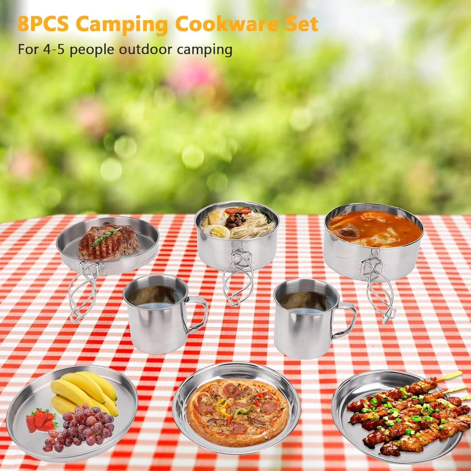 8PCS Stainless Steel Camping Cooking Set Cookware Mess Kit Cook Pots and Pan Set with Plates Cups, Lightweight Camping Cookware for Hiking Backpacking Outdoor Cooking and Picnic