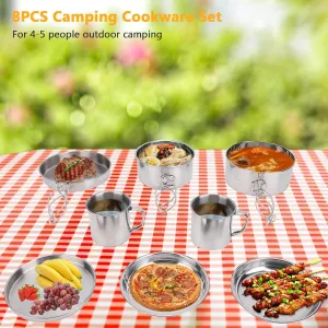 8PCS Stainless Steel Camping Cooking Set Cookware Mess Kit Cook Pots and Pan Set with Plates Cups, Lightweight Camping Cookware for Hiking Backpacking Outdoor Cooking and Picnic