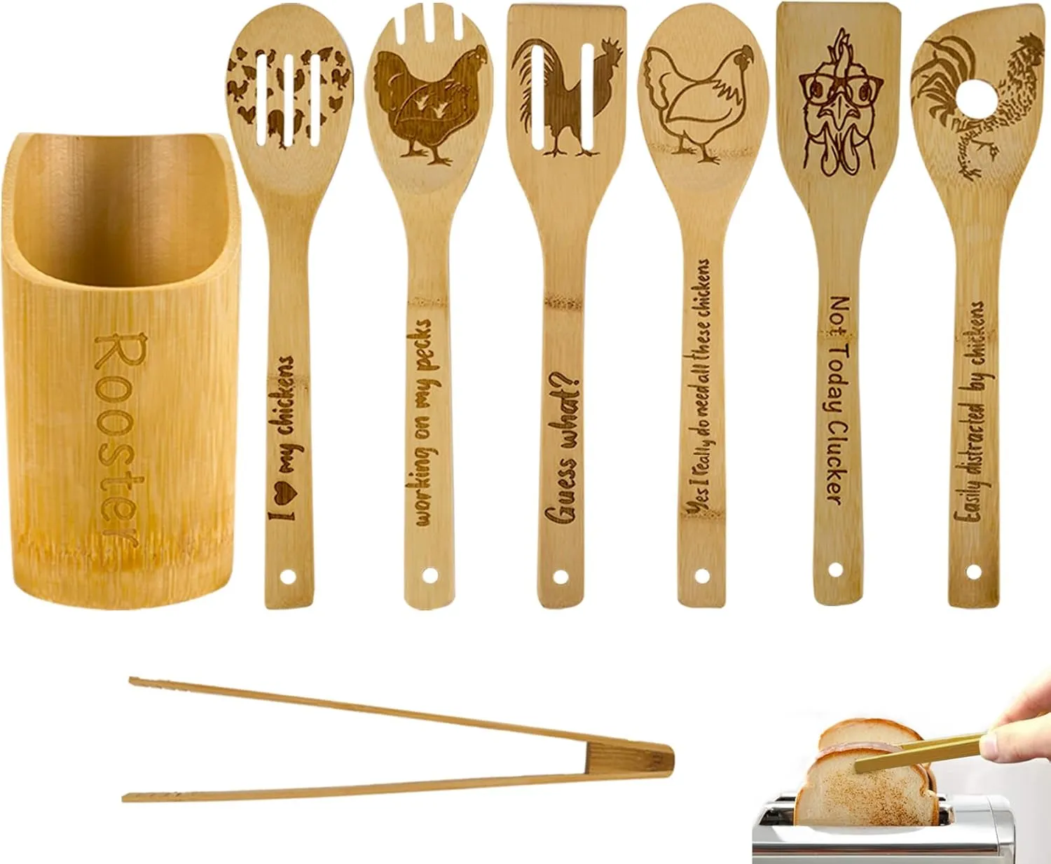 8PCS Wooden Cooking Spoons with Holder - Rooster Kitchen Decor, Farmhouse Style, Chicken Gifts for Women, Housewarming & Wedding Gift