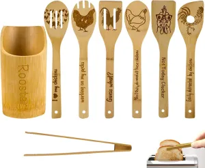 8PCS Wooden Cooking Spoons with Holder - Rooster Kitchen Decor, Farmhouse Style, Chicken Gifts for Women, Housewarming & Wedding Gift