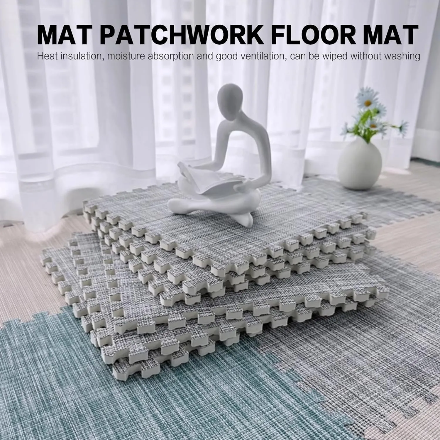 9 Tiles Rattan Floor Mats Interlocking Foam Mats 0.4in Thick Cooling Exercise Equipment Mats for Home Living Room EVA Foam Floor Padding with Border (Green)