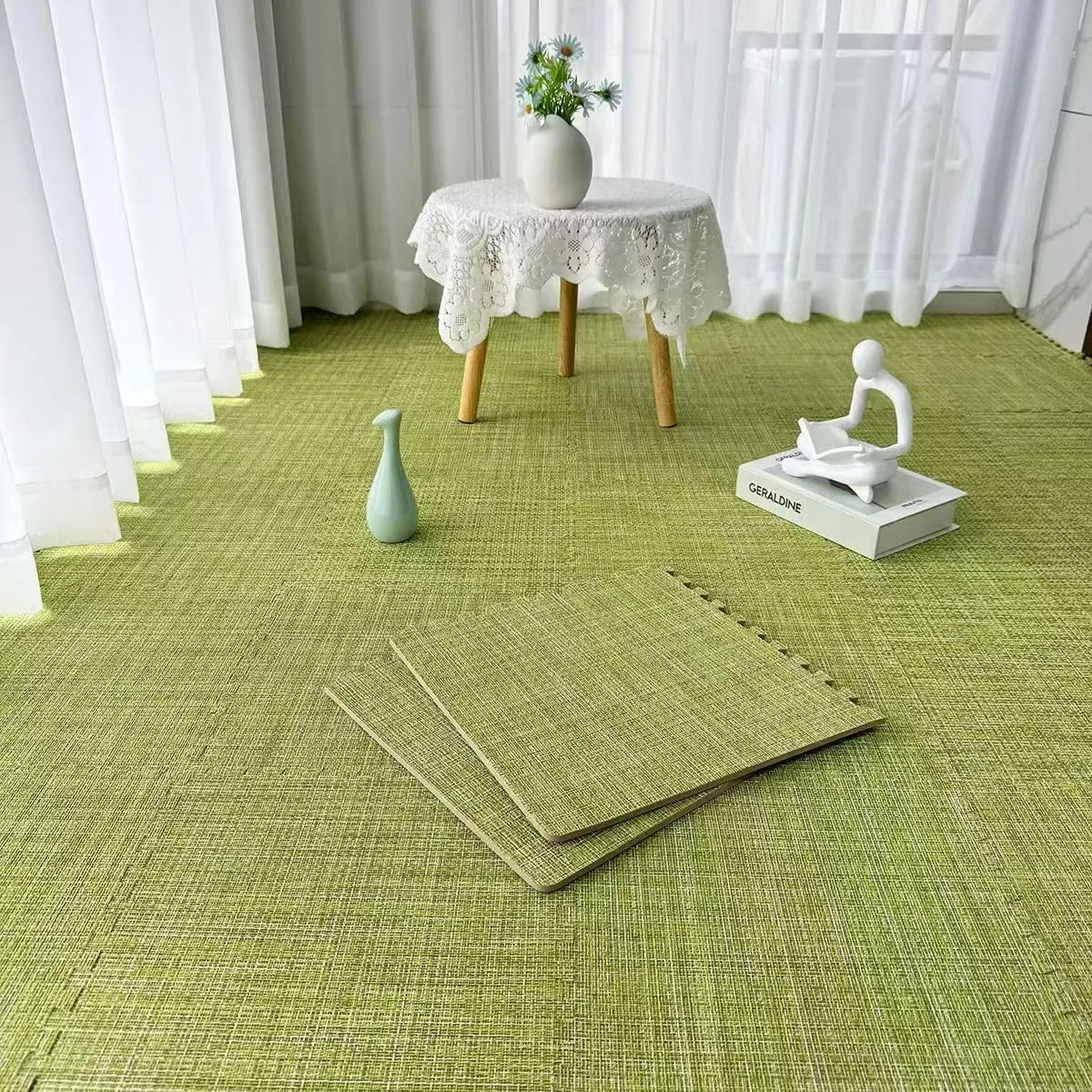 9 Tiles Rattan Floor Mats Interlocking Foam Mats 0.4in Thick Cooling Exercise Equipment Mats for Home Living Room EVA Foam Floor Padding with Border (Green)